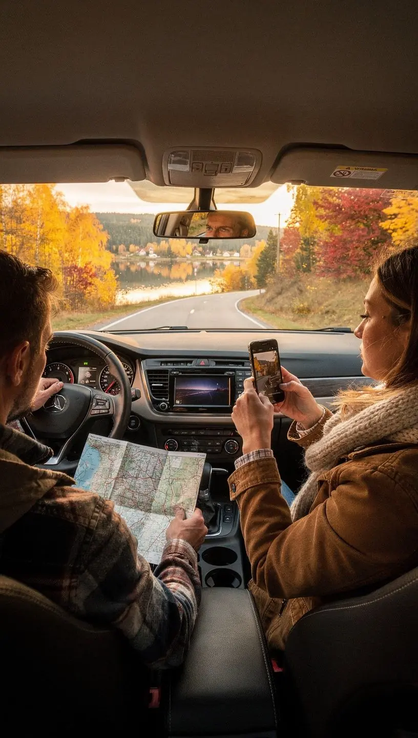 A cheerful family loading their luggage into a rental car outside a picturesque Latvian cottage.