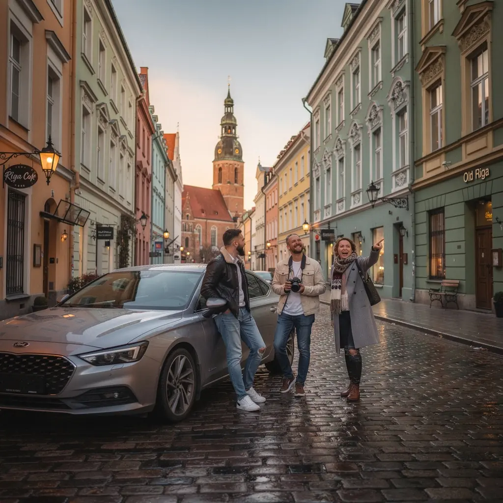 A close-up of a rental car key on a travel guidebook, symbolizing adventure in Latvia.